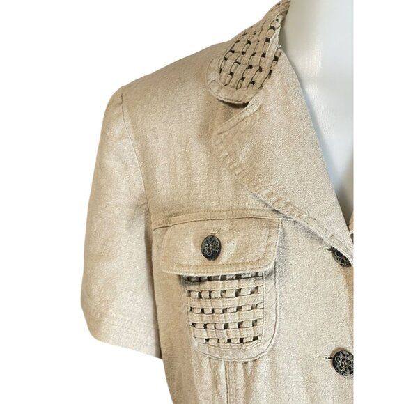 John Roberts Beige Button-Down Midi Dress Size 10 Linen/Rayon Blend Woven Trim S - Picture 13 of 15